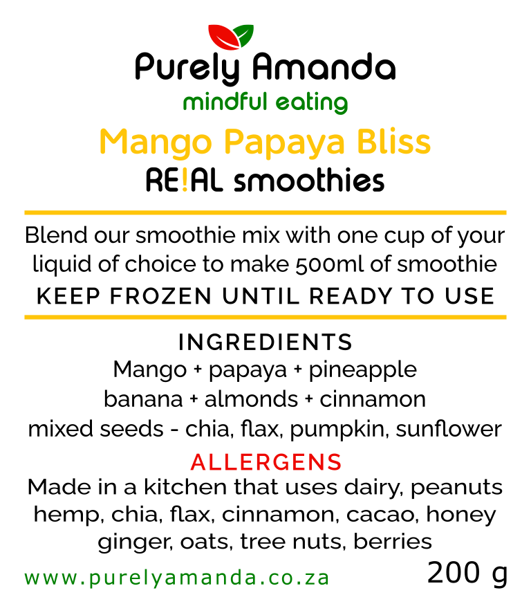 label mango papaya bliss frozen smoothie sachet